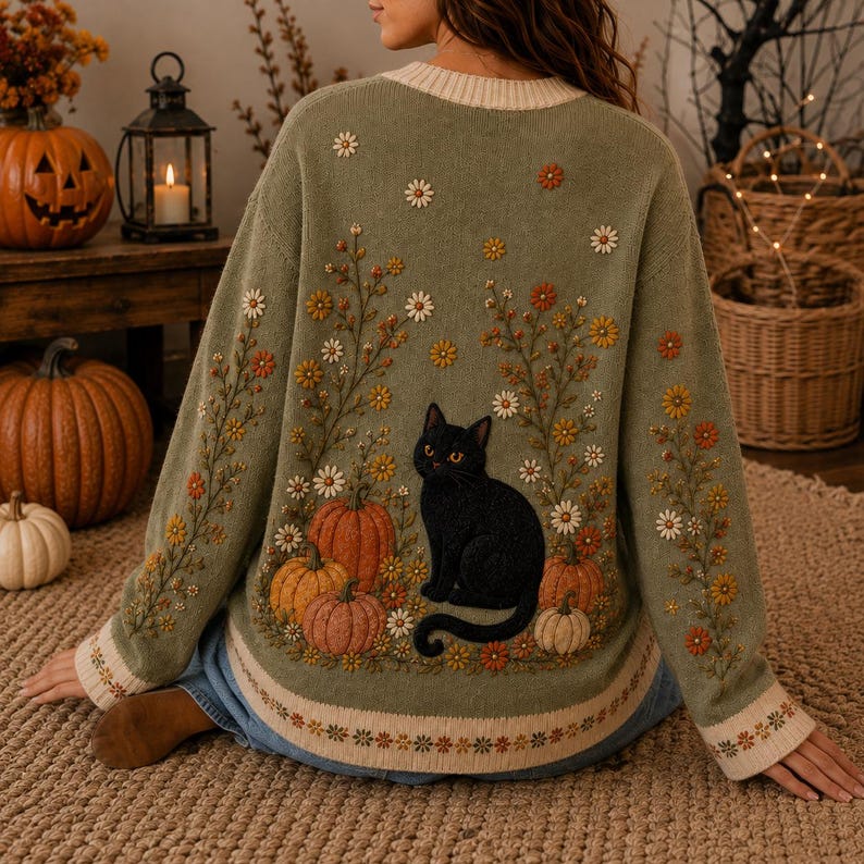 K&ouml;nnte beinhalten: Ein salbeigr&uuml;ner Strickpullover mit einer Stickerei, die eine schwarze Katze inmitten von orangefarbenen K&uuml;rbissen und verschiedenen kleinen wei&szlig;en, gelben und orangefarbenen Blumen zeigt. Der Pullover hat gerippte B&uuml;ndchen und einen Saum.