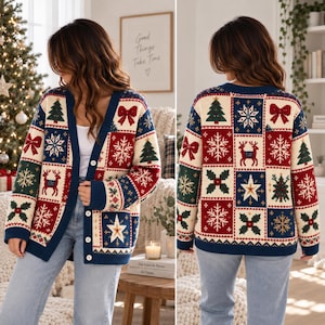 May include: A long-sleeve knit cardigan featuring a festive patchwork pattern of red, navy blue, cream, and green squares. The design includes motifs of Christmas trees, snowflakes, reindeer, bows, and stars, with a button-front closure and ribbed trim.