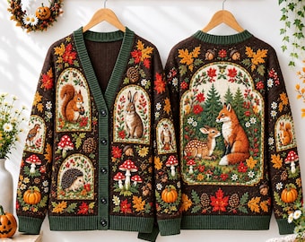 May include: A dark brown knit cardigan and a matching pullover sweater featuring intricate autumn-themed patterns. The designs include woodland animals like a fox, deer, squirrel, rabbit, and hedgehog, surrounded by colorful fall leaves, mushrooms, and pumpkins.