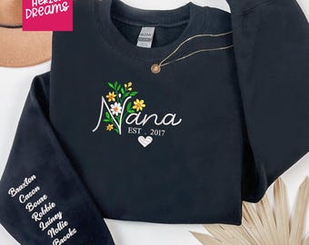 Spersonalizowana bluza z haftem babci, spersonalizowany kaptur, kwiaty, imiona wnuków, urodziny, Boże Narodzenie, Dzień Matki, prezent dla rodziny