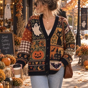 May include: A long-sleeve V-neck cardigan featuring a patchwork design with Halloween motifs including ghosts, a black cat, pumpkins, a haunted house, and bats. The knit sweater has a dark blue trim and buttons down the front, worn with light blue jeans.