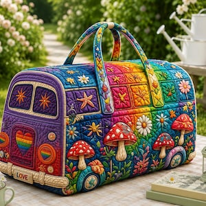 Könnte beinhalten: Eine gesteppte Reisetasche in Busform mit einem leuchtenden Regenbogenverlauf und bunten Blumen-, Pilz- und Herzmotiven. Die Vorderseite zeigt ein Regenbogenherz und ein Nummernschild mit der Aufschrift LOVE sowie zwei Tragegriffe.