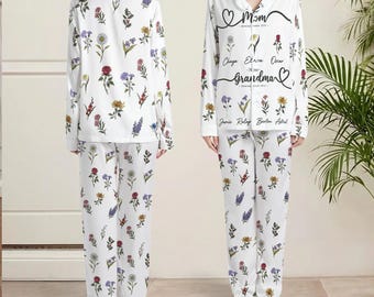 Spersonalizowana piżama z motywem kwiatów dla mamy, spersonalizowany komplet piżamowy z satyny jedwabnej