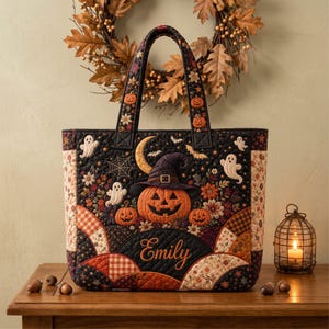 Op de afbeelding: Een gewatteerde tas met een zwarte achtergrond, een centrale oranje pompoen met een heksenhoed, omringd door geesten, vleermuizen, spinnenwebben en herfstbloemen. De naam Emily is in oranje sierletters op de voorzijde geborduurd.