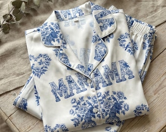 Satin Pajamas Set Mama Floral Print Womens Sleepwear Button Up PJs Blue White Toile Pattern Cozy Nightwear Gift for Mom Relaxing Homewear