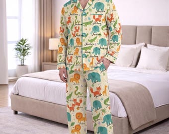 Personalized Men's Satin Pajamas Customized Animal Print Sleepwear Set Jungle Theme Loung Gift Idea For Him Dad Birthday Holiday Present