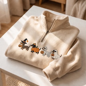 Geborduurde Halloween hondentrui met kwartrits, teckel pompoentrui, griezelige teckelpullover, leuk herfstcadeau voor hondenliefhebbers, CADEAU 2026