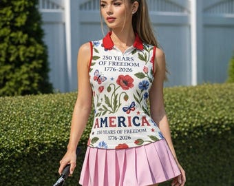 250 Years of Freedom Women’s Sleeveless Polo Shirt, Patriotic 1776-2026 America Tennis Top, USA Semiquincentennial Golf Shirt, Floral Top