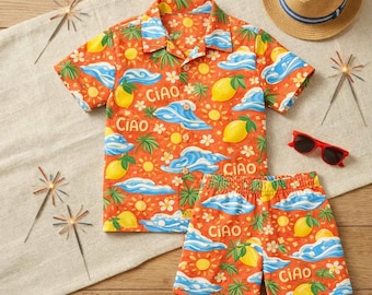 Ensemble hawaïen garçon imprimé citron Ciao, chemise boutonnée d'été pour tout-petit et short, tenue de plage tropicale pour enfant, vacances pour garçon, cadeau pour fils
