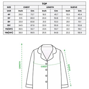 May include: Diagram of a satin pajama top with measurements in inches and centimeters. The chart shows chest, length, and sleeve sizes for children's sizes 4Y to YM(14Y). The text at the top reads "AOP KID SATIN PAJAMAS SET (NO POCKET)".