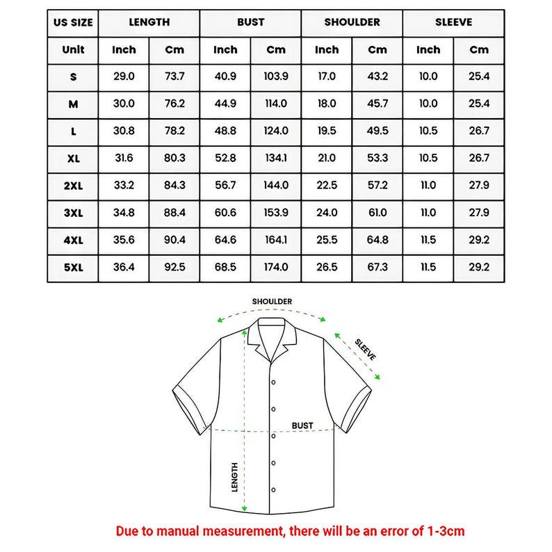 K&ouml;nnte beinhalten: Detaillierte Gr&ouml;&szlig;entabelle f&uuml;r ein kurz&auml;rmeliges Hemd, mit Ma&szlig;en in Zoll und Zentimetern f&uuml;r L&auml;nge, Brust, Schulter und &Auml;rmel. Gr&ouml;&szlig;en von S bis 5XL. Eine Strichzeichnung des Hemdes ist ebenfalls enthalten.