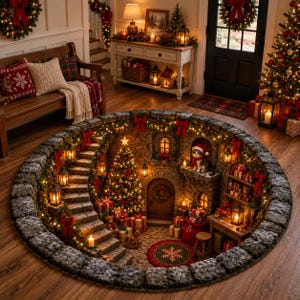 Può includere: Un tappeto circolare con un'illustrazione in 3D di una stanza con pareti in pietra decorata per Natale. La scena include una scala, un albero di Natale illuminato, regali incartati, una porta in legno, un gatto con cappello natalizio e lanterne.