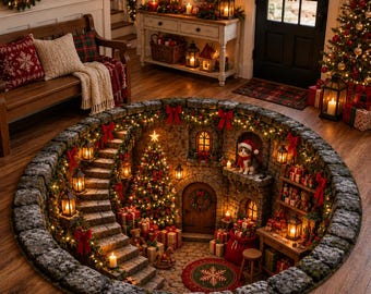 Rond kerstkleed met 3D-effect, vloermat met kerstwerkplaats van de Kerstman, kerstkleed met optische illusie, gezellige kerstdecoratie met kattenmotief, feestelijke woonaccessoire, cadeau 2026