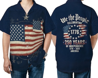 Camisa hawaiana del 250 aniversario de EE. UU., camiseta del Día de la Independencia "We The People", camisa vintage con botones de la bandera estadounidense, patriótica 1776-2026