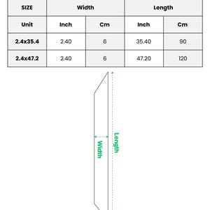 May include: An all-over print satin hair scarf. The scarf's width is 2.4 inches (6 cm). The length options are 35.4 inches (90 cm) and 47.2 inches (120 cm). The image includes a size chart and a diagram of the scarf.