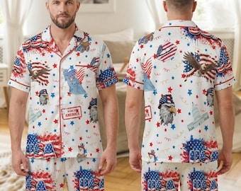 Men's Fourth of July Satin Pajamas Set, Patriotic USA Flag Sleepwear, Red White Blue Eagle PJ Shorts, American Pride Loungewear Gift Him