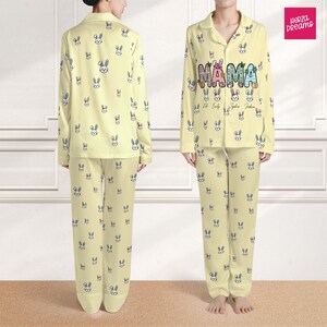 Personalized Mama Bunny Satin Pajamas, Custom Easter Pajama Set with Kids Names Silk Sleepwear for Mom, Bunny Ear Mama PJs Mother's Day Gift image 3