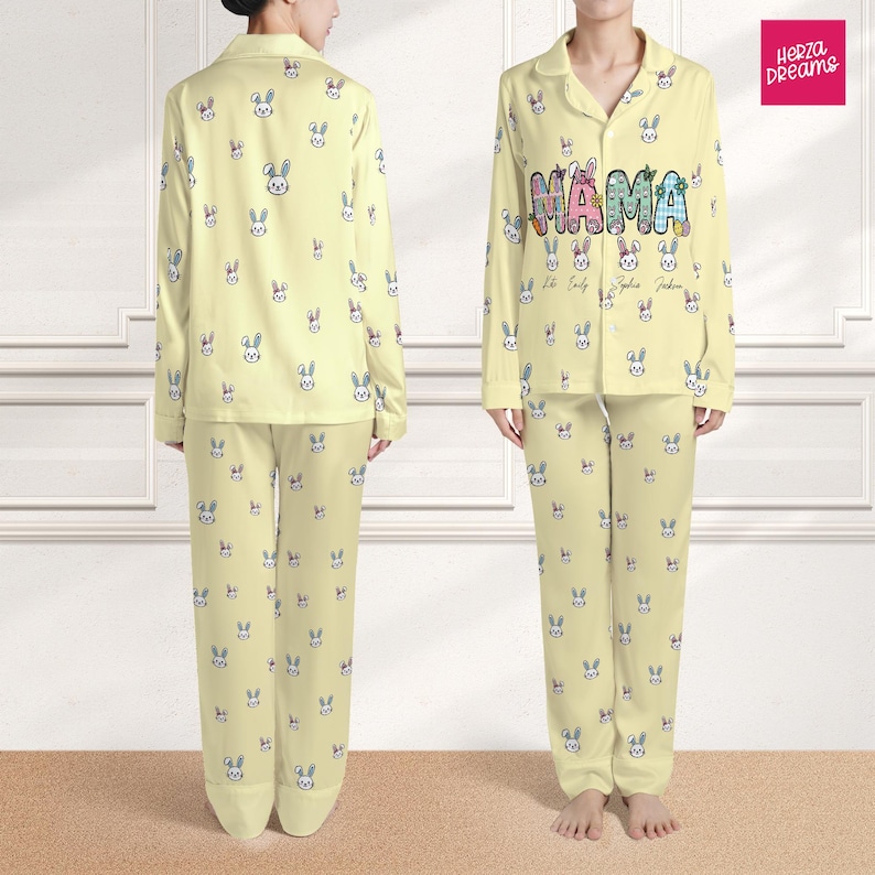 Personalized Mama Bunny Satin Pajamas, Custom Easter Pajama Set with Kids Names Silk Sleepwear for Mom, Bunny Ear Mama PJs Mother's Day Gift image 3
