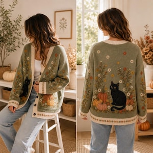 K&ouml;nnte beinhalten: Eine salbeigr&uuml;ne Strickjacke mit Knopfleiste, verziert mit einer Stickerei aus einer schwarzen Katze, orangefarbenen K&uuml;rbissen und verschiedenen Wildblumen. Das Kleidungsst&uuml;ck hat einen cremefarbenen Saum am V-Ausschnitt, an den &Auml;rmelb&uuml;ndchen und am Saum.