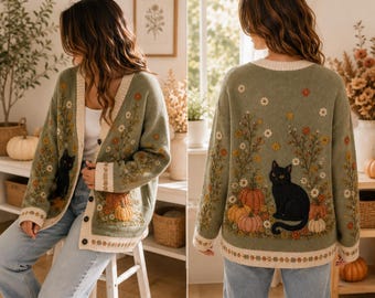 Black Cat Halloween Cardigan, Pumpkin Sweater, Autumn Floral Knit, Cozy Cottagecore Gift 2026, Personalized Name Cardigan, Cute Witchy Gift