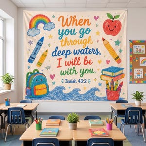 Puede incluir: Un tapiz de pared rectangular con fondo crema e ilustraciones estilo crayón de colores de un arcoíris, manzana, mochila, libros y lápices. El texto dice: When you go through deep waters, I will be with you. Isaiah 43:2.