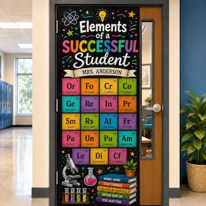 May include: A black door cover featuring a periodic table design with the text Elements of a SUCCESSFUL Student and Mrs. Anderson. The graphic includes colorful squares with character traits, a microscope, test tubes, and a stack of books.