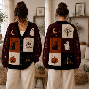Cárdigan de Halloween personalizado, suéter de retazos espeluznante, tejido de calabaza fantasma con gato negro, regalo de otoño con nombre personalizado 2026, top acogedor de otoño con temática de brujas
