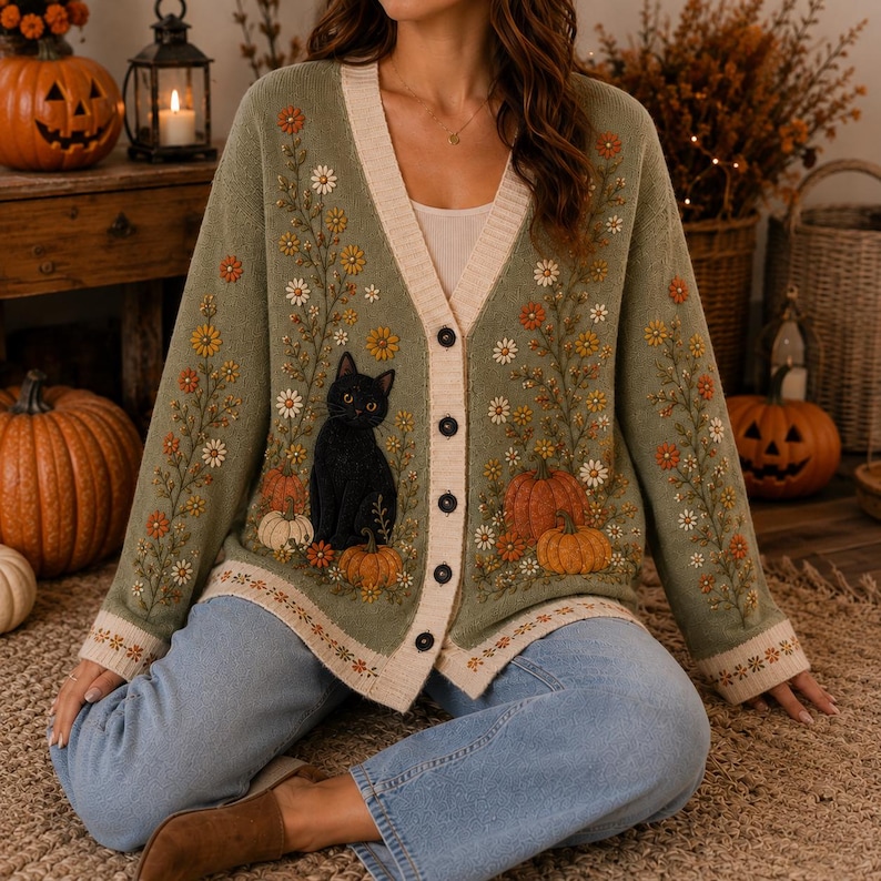 K&ouml;nnte beinhalten: Eine olivgr&uuml;ne Strickjacke mit V-Ausschnitt, Knopfleiste und cremefarbenem Saum. Das Strickkleidungsst&uuml;ck ist mit gestickten Blumenranken, orangefarbenen K&uuml;rbissen und einer schwarzen Katze auf den Vorderteilen und den langen &Auml;rmeln verziert.