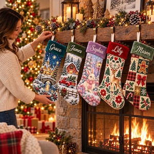 Personalized Christmas Stocking, Custom Name Mantel Decor, Winter Village Truck Bunny Deer Patchwork Designs, Christmas Family GIFT 2026