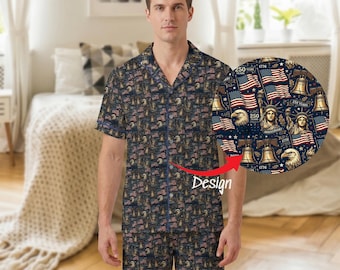 Men's USA 250th Anniversary Satin Pajamas, Patriotic Liberty & Eagle Print Short PJs, 4th of July Sleepwear Set, American Heritage Gift