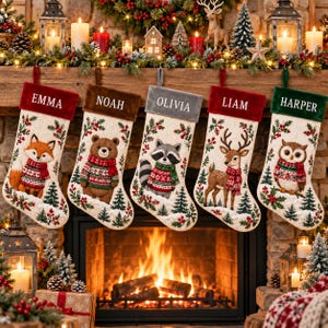 Personalized Woodland Christmas Stocking, Custom Name Forest Animal Stockings, Fox Bear Deer Owl Holiday Mantel Decor, Family Gift 2026