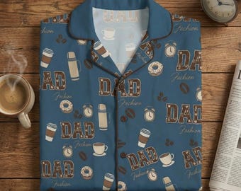 Dad Pajamas Set with Coffee and Donuts, Father's Day Gift, Men's Blue Sleepwear, Fun Breakfast PJS for Dad, Birthday Gift for Coffee Lovers