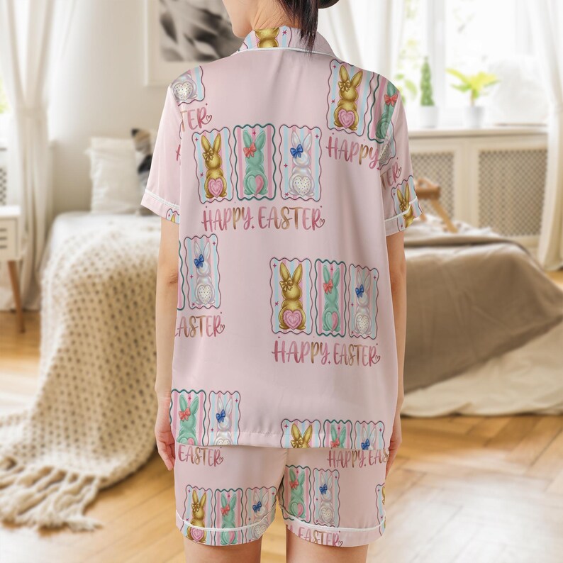 Rosa Frohe Ostern Pyjamas Set, süßes Häschen Kurzarm Pjs für Frauen, Frühling Nachtwäsche Loungewear, Osterkorb Geschenk für Sie, Urlaub Pjs Bild 2