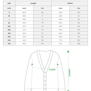 K&ouml;nnte beinhalten: Eine Gr&ouml;&szlig;entabelle f&uuml;r eine Strickjacke mit Allover-Print, die L&auml;ngen- und Brustma&szlig;e in Zoll und Zentimetern f&uuml;r die Gr&ouml;&szlig;en S bis 7XL enth&auml;lt, sowie eine Strichzeichnung einer gekn&ouml;pften Strickjacke mit V-Ausschnitt und Pfeilen.