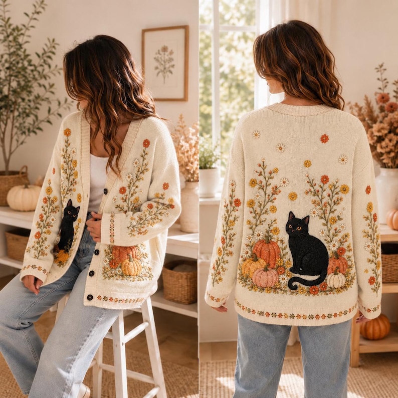 K&ouml;nnte beinhalten: Eine cremefarbene Strickjacke mit einem schwarzen Katzenmotiv, orangefarbenen K&uuml;rbissen und bunter Blumenstickerei. Das Design umfasst einen V-Ausschnitt, eine Knopfleiste und lange &Auml;rmel, wobei sich das Katzen- und K&uuml;rbismotiv vorne und hinten wiederholt.