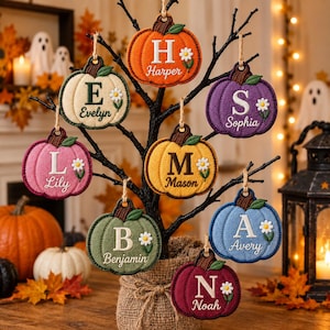 May include: Eight felt pumpkin ornaments in orange, cream, purple, pink, yellow, green, blue, and maroon. Each features a large white letter, a small white daisy, and a name embroidered in white or dark thread, hanging from a black decorative tree.
