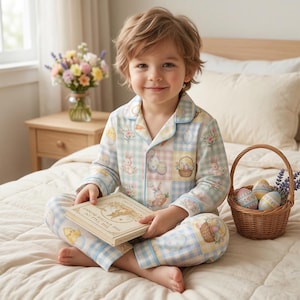 Peut inclure: Un enfant portant un pyjama sur le thème de Pâques, tenant un livre intitulé "The Tale of the Easter Bunny". Le pyjama présente des carrés pastel avec des œufs de Pâques, des lapins et des poussins. Un panier en osier avec des œufs décorés et de la lavande est à proximité.