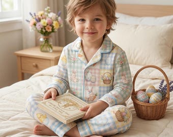 Easter Kids Satin Pajamas, Pastel Bunny & Chick Patchwork Pjs, Boys Girls Spring Sleepwear, Toddler Easter Gift, Cute Silk Button Down Set