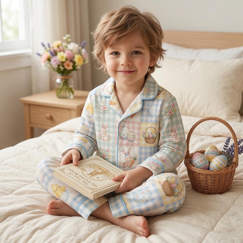 May include: A child wearing Easter-themed pajamas, holding a book titled "The Tale of the Easter Bunny." The pajamas feature pastel squares with Easter eggs, bunnies, and chicks. A wicker basket with decorated eggs and lavender sits nearby.