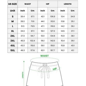 May include: A chart detailing measurements for all-over print satin short-sleeve pajama shorts. Sizes range from S to 5XL, with waist measurements from 26.4 inches to 46.3 inches, and lengths from 13.4 inches to 16.2 inches.
