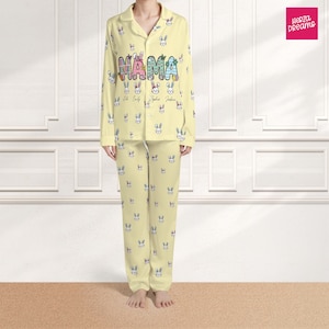 Personalized Mama Bunny Satin Pajamas, Custom Easter Pajama Set with Kids Names Silk Sleepwear for Mom, Bunny Ear Mama PJs Mother's Day Gift image 1