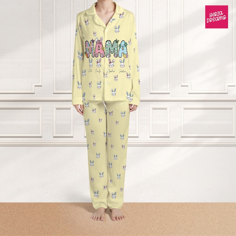 Personalized Mama Bunny Satin Pajamas, Custom Easter Pajama Set with Kids Names Silk Sleepwear for Mom, Bunny Ear Mama PJs Mother's Day Gift image 1
