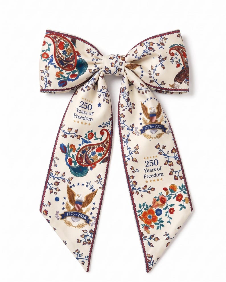 May include: Cream-colored bow tie with a paisley and floral pattern. The bow tie features the text "250 Years of Freedom" and an eagle emblem. The edges are trimmed with a dark red border.