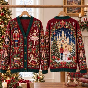 May include: A deep red V-neck cardigan featuring a dark green trim and gold buttons. The front displays a nutcracker, a ballerina, a rocking horse, and a drum. The back features a large, detailed scene of a castle, a nutcracker, and a ballerina.