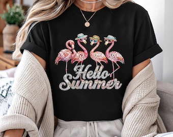 Jeweled Flamingo Hello Summer T-Shirt, Pink Tropical Bird Beach Tee, Girly Summer Vacation Top, Rhinestone Look Flamingo Graphic Shirt