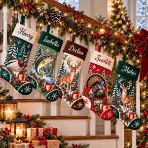 May include: Five personalized Christmas stockings hanging on a staircase railing. Each stocking features a unique wildlife illustration including a mallard, fish, and deer, with names Henry, Isabella, Declan, Scarlett, and Mateo embroidered on the cuffs.