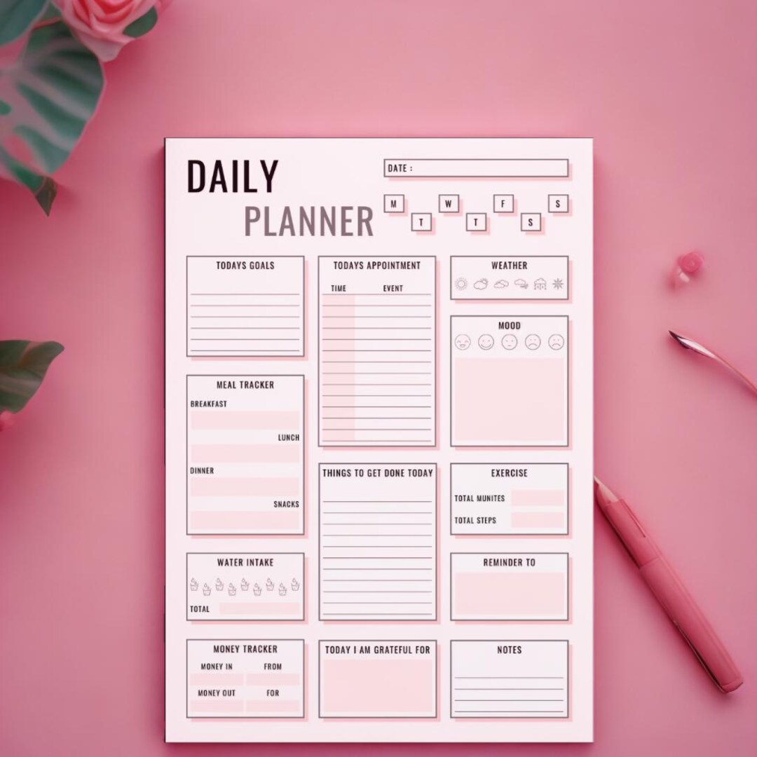 Minimalist Printable Daily Planner Pastel Pink - Digital Daily Planner ...