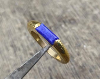 Anillo de oro de 14k con lapislázuli talla baguette y anillo de plata de ley 925 con barra larga y piedra preciosa, ideal para regalo de San Valentín.