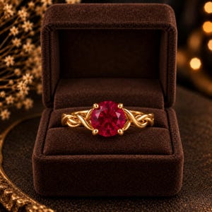 May include: A gold ring featuring a round, faceted deep red gemstone held by four prongs. The band has a twisted, interwoven metal design. The ring is displayed inside a dark brown, velvet-lined jewellery box with a hinged lid.