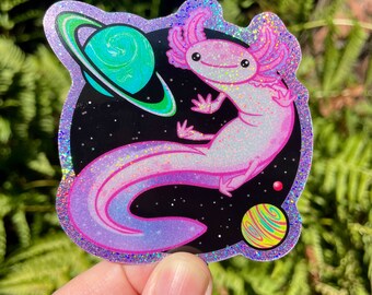 Axolotl in space! Glitter Sticker.
